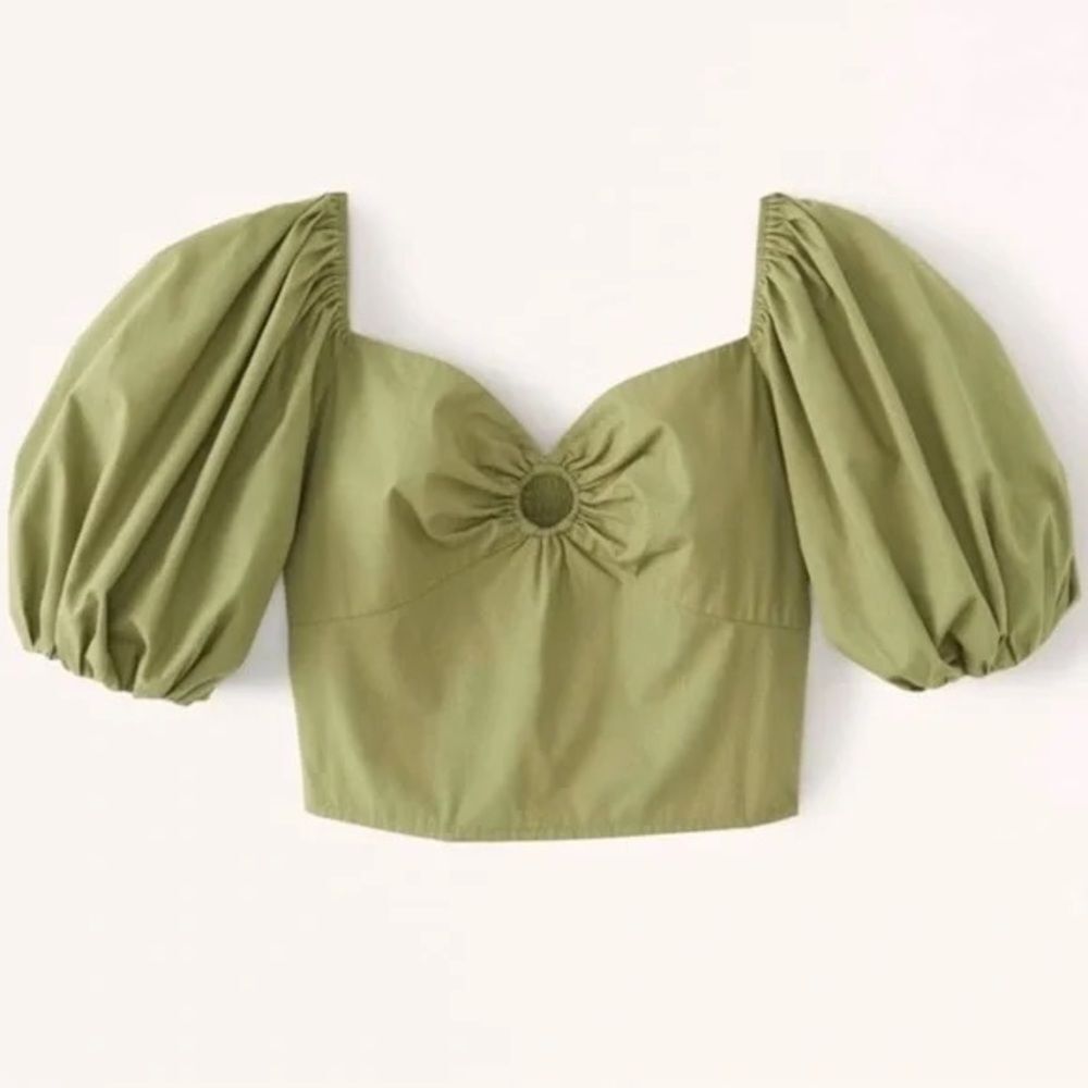 Abercrombie Poplin Olive Green Puff Sleeve O Ring Top